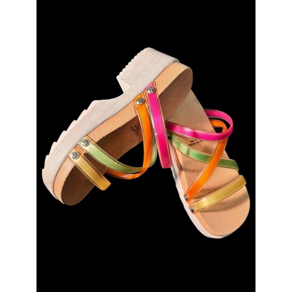 Vtg Y2K Coaster Chunky Heel Platform Sandals Size 8 Retro Strappy 2000s Rainbow - Picture 2 of 9